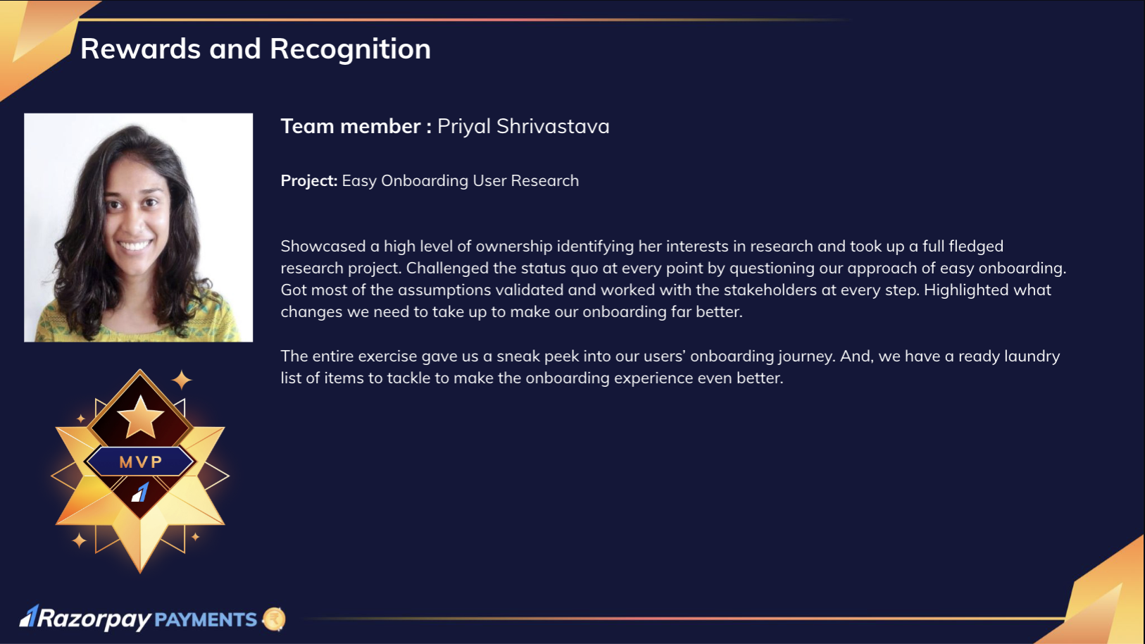 Razorpay MVP award for the onboarding project